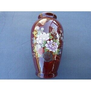 Vintage Japan Brown Vase Wagon Wheelbarrow Cart Flowers Design 6" Tall Decor